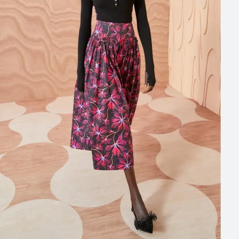 Ulla Johnson Pink & Black Floral High-Waist Midi Skirt